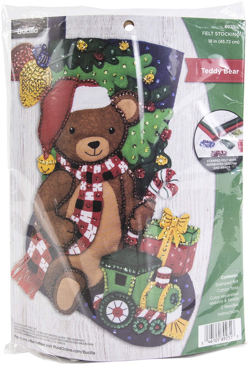 Bucilla 89231E Felt Applique Christmas Stocking Kit, 18", Teddy Bear - Image 1